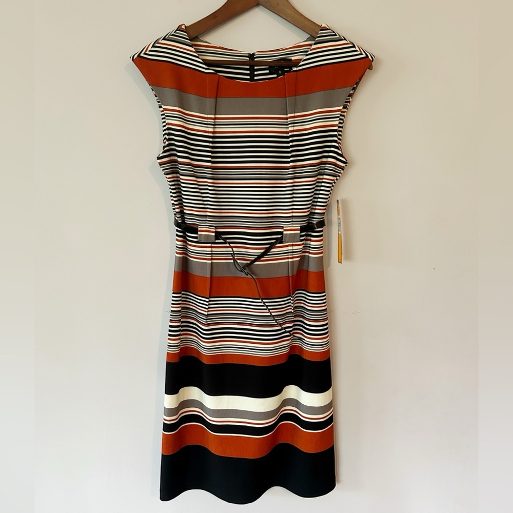ILE New York, Retro Style Stripe Multi Dress, Black/White/Orange, Size 8, NWT